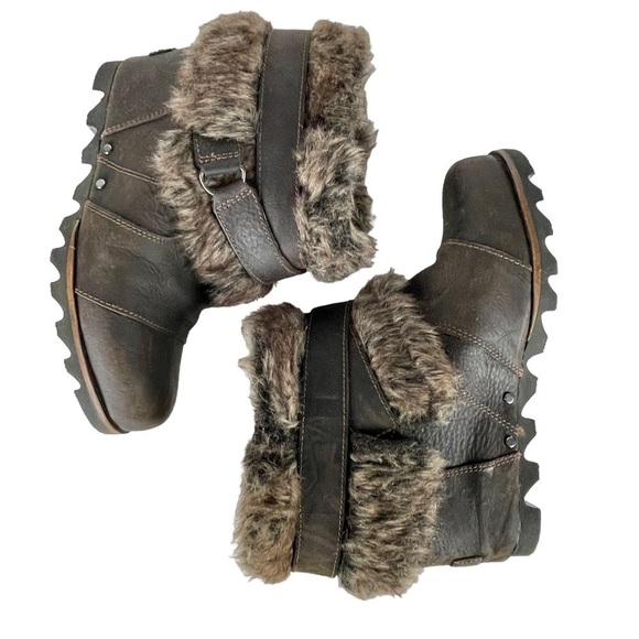 SOREL JOAN OF ARCTIC WEDGE ANKLE APRES SKI FAUX FUR BROWN LEATHER ANKLE BOOTS - Picture 8 of 13